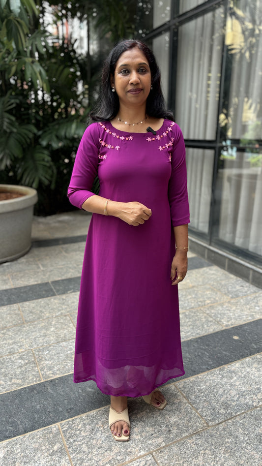 Maanvi Grape Wine Faux Georgette A-Line Kurti with Hand Embroidery & Lazy Daisy Stitch | MA-2051