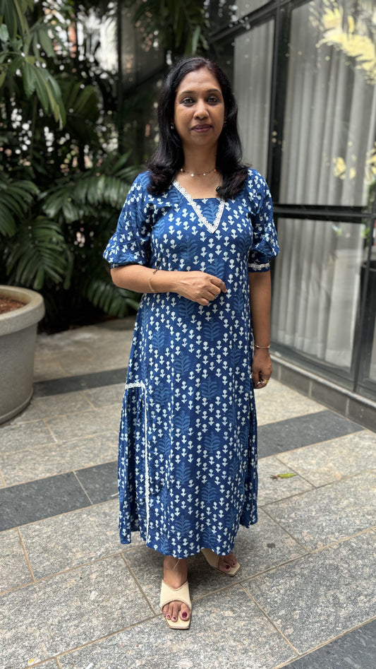 Maanvi Indigo Blue Soft Jaipur Cotton A-Line Kurti with Lace Detail | MA-2049