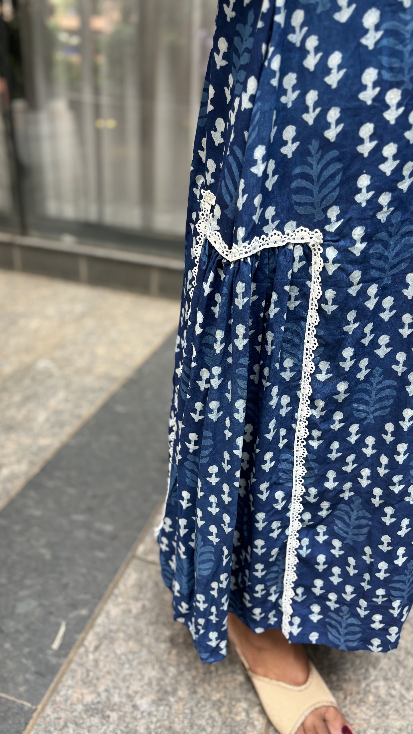Maanvi Indigo Blue Soft Jaipur Cotton A-Line Kurti with Lace Detail | MA-2049