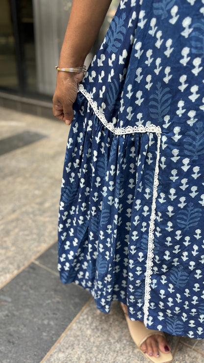 Maanvi Indigo Blue Soft Jaipur Cotton A-Line Kurti with Lace Detail | MA-2049