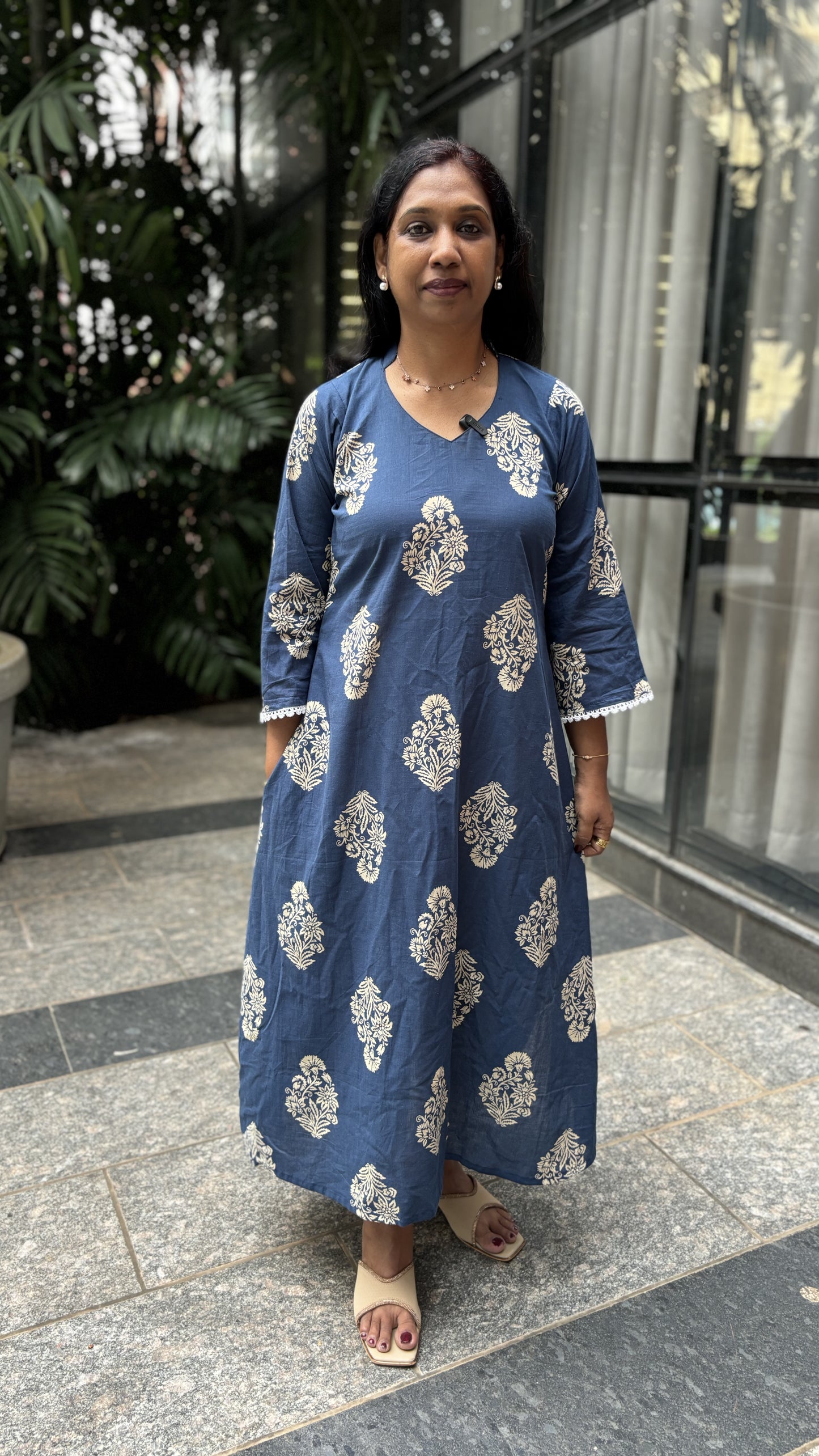 Maanvi Blue Jaipur Cotton A-Line Kurti with Side Pockets & Lace Detail | MA-2050
