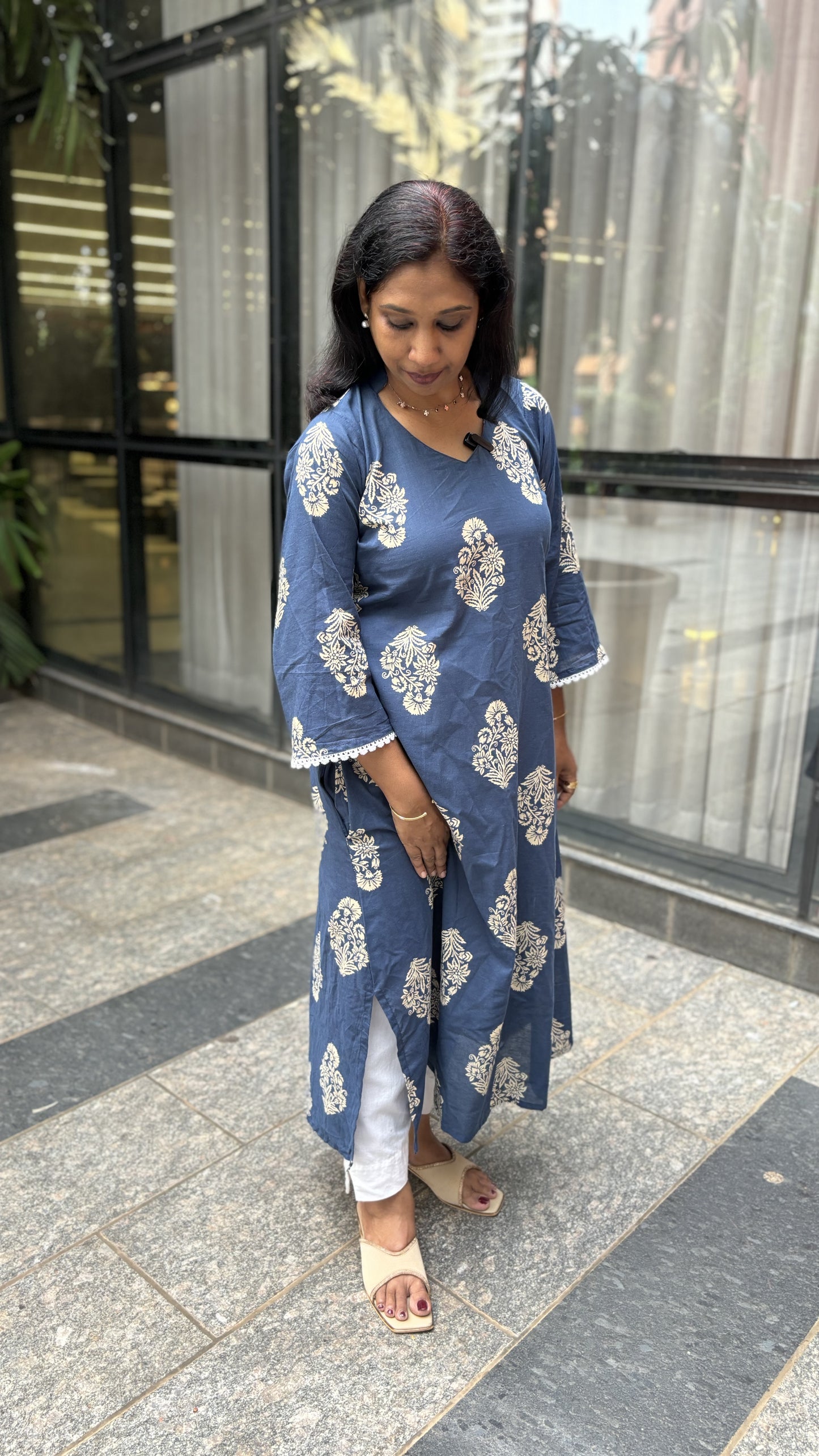 Maanvi Blue Jaipur Cotton A-Line Kurti with Side Pockets & Lace Detail | MA-2050