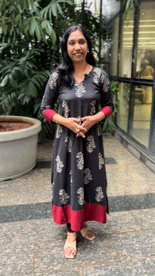 Maanvi Black Pure Cotton A-Line Kurti with Scallop Neck & Patch Work Detail | MA-2058