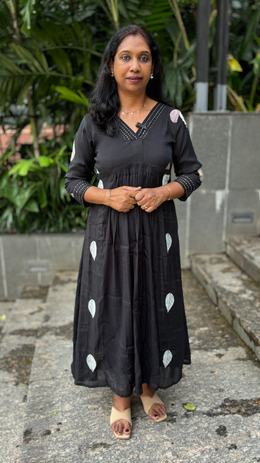 Maanvi Black Chanderi A-Line Kurti with Kantha Work, Embroidery & Lace Detail | MA-2060