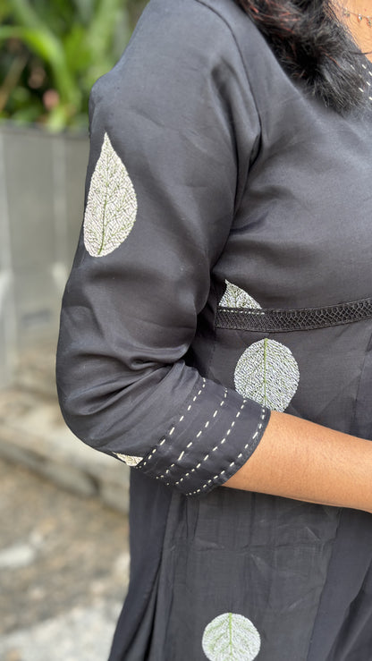 Maanvi Black Chanderi A-Line Kurti with Kantha Work, Embroidery & Lace Detail | MA-2060