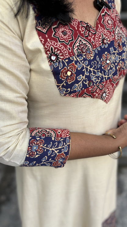 Maanvi Onam Collection A-Line Kurti with Ajrakh Patch Work & Mirror Detail | MA-2061