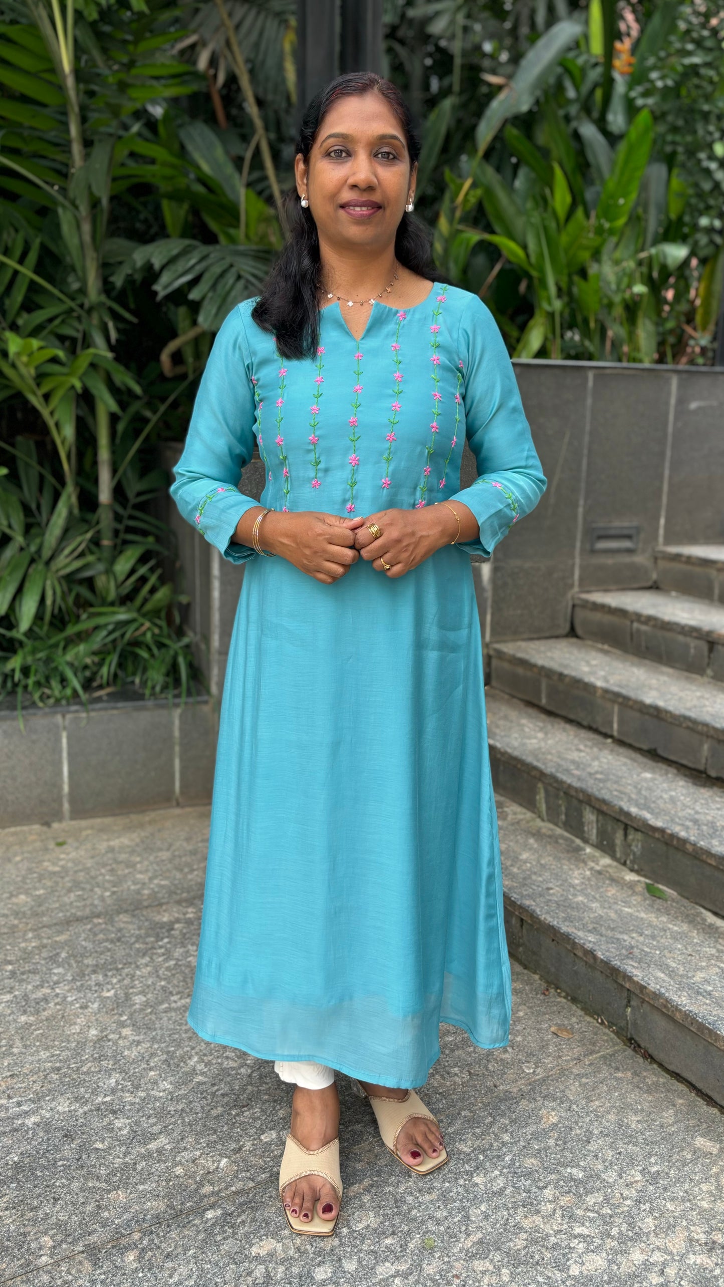 Maanvi Powder Blue Chanderi A-Line Kurti with Hand Embroidery & Lazy Daisy Stitch | MA-2063