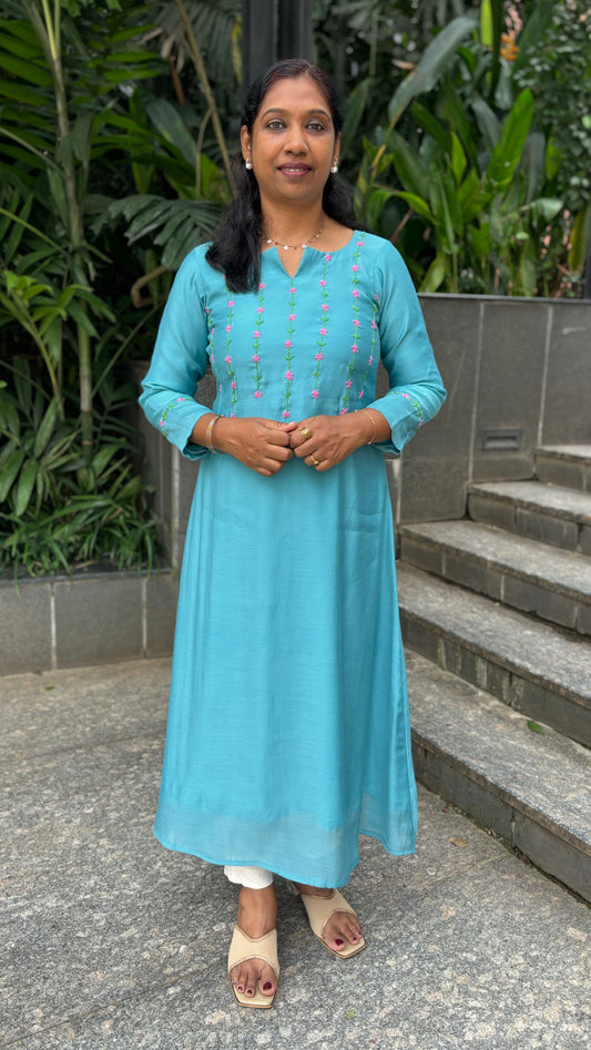 Maanvi Powder Blue Chanderi A-Line Kurti with Hand Embroidery & Lazy Daisy Stitch | MA-2063