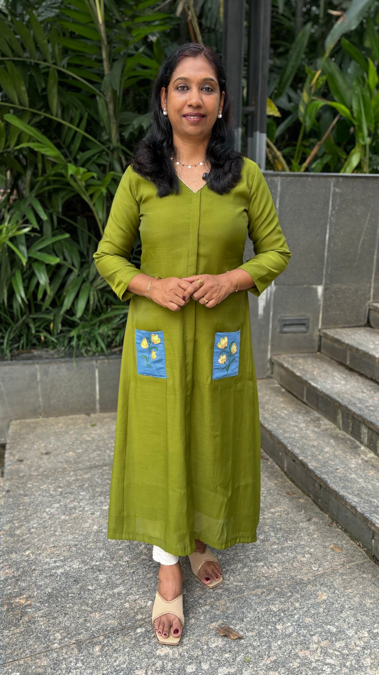 Maanvi Chanderi A-Line Kurti with Hand-Painted Patch Pocket & Cut Bead Detail | MA-2065