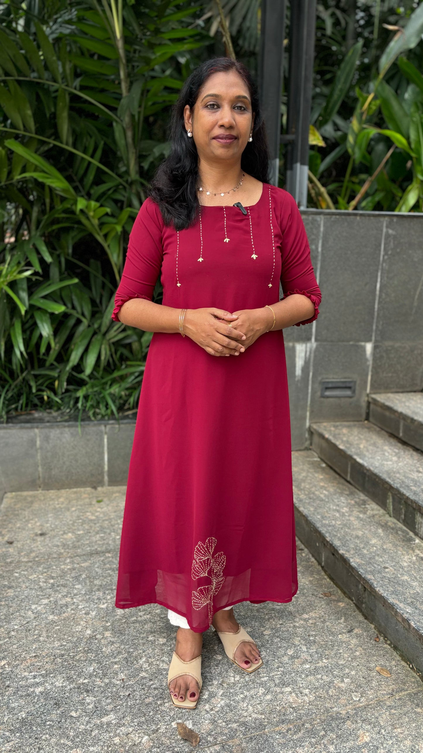 Maanvi Georgette A-Line Kurti with Running Stitch, Lazy Daisy & Kantha Work | Boat Neck | MA-2064