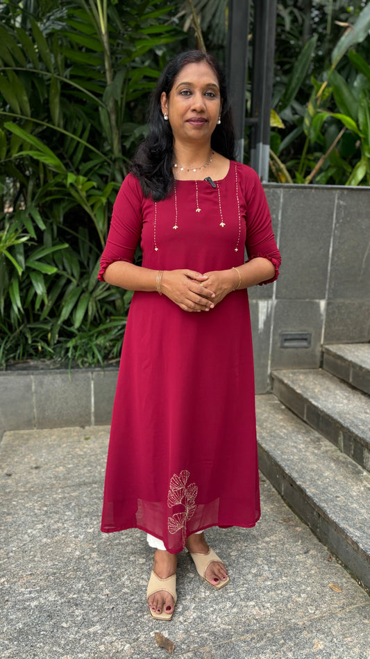 Maanvi Georgette A-Line Kurti with Running Stitch, Lazy Daisy & Kantha Work | Boat Neck | MA-2064