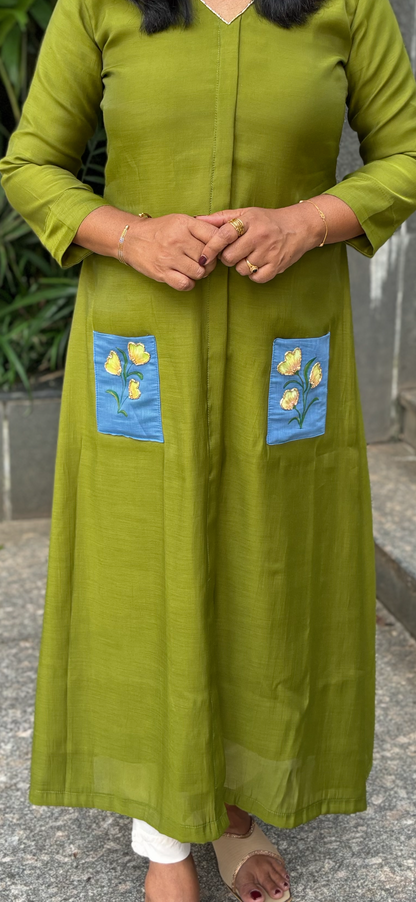 Maanvi Chanderi A-Line Kurti with Hand-Painted Patch Pocket & Cut Bead Detail | MA-2065