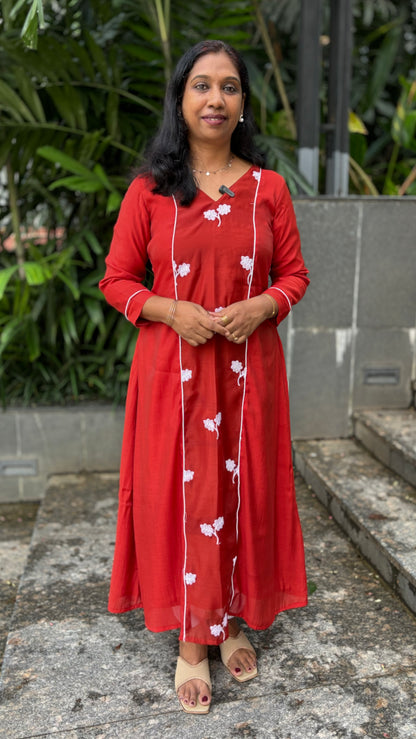 Maanvi Brick Shade Chanderi A-Line Kurti with Embroidery Patch & Piping Detail | V-Neck | MA-2065