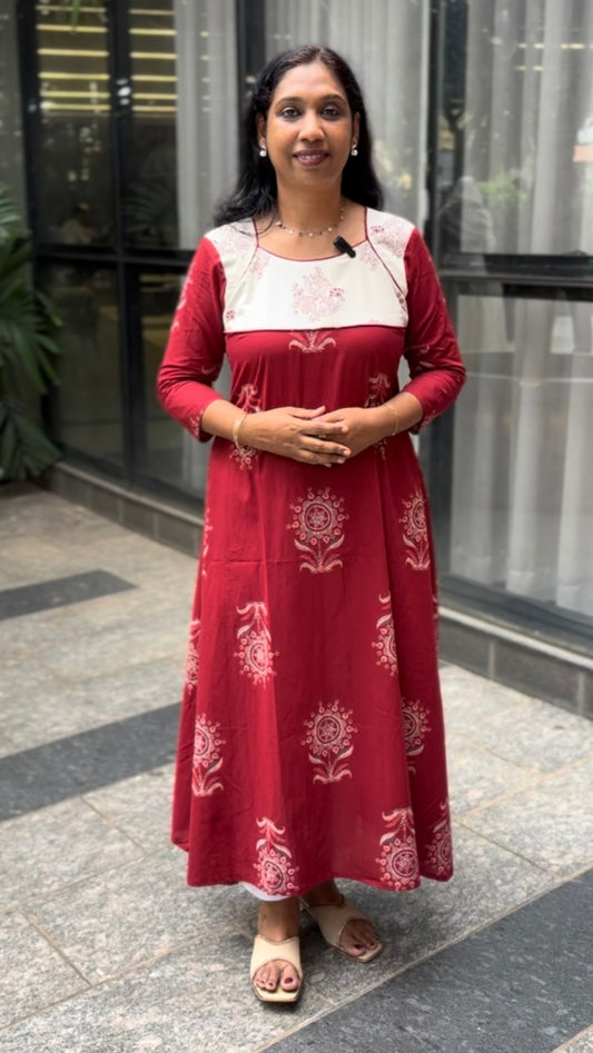 Maanvi Maroon Shade Jaipur Cotton A-Line Kurti with Patch Work & Piping Detail | MA-2067