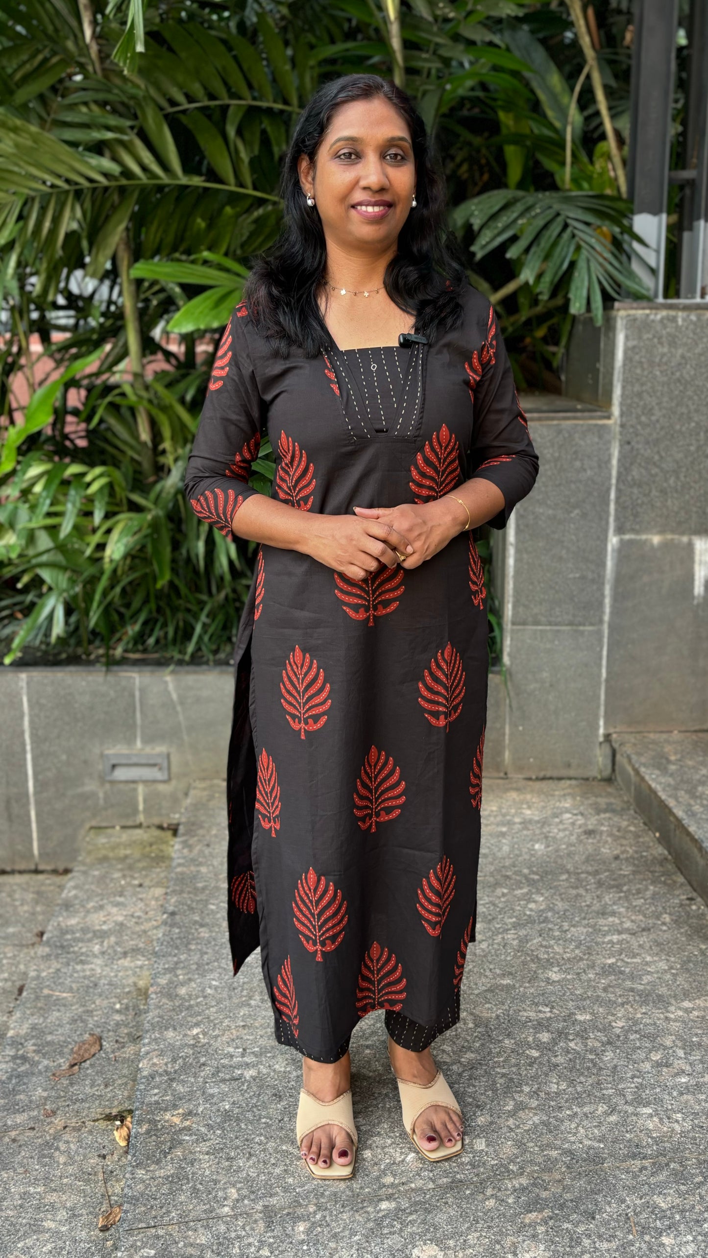 Black Cotton Slitted Cord Set with Brick Red Print, V-Neck Patch Work & Pockets | MA-2074