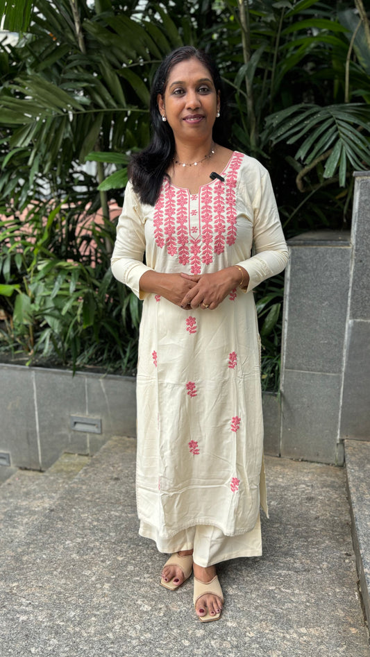 Cream Chikankari Slitted Cord Set with Pink Embroidery, Lace Detail & Pockets | MA-2073