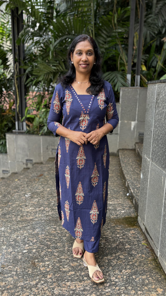 Dark Blue Pure Cotton Slitted Cord Set with Mirror, Pintuck V-Neck & Pockets | MA-2071