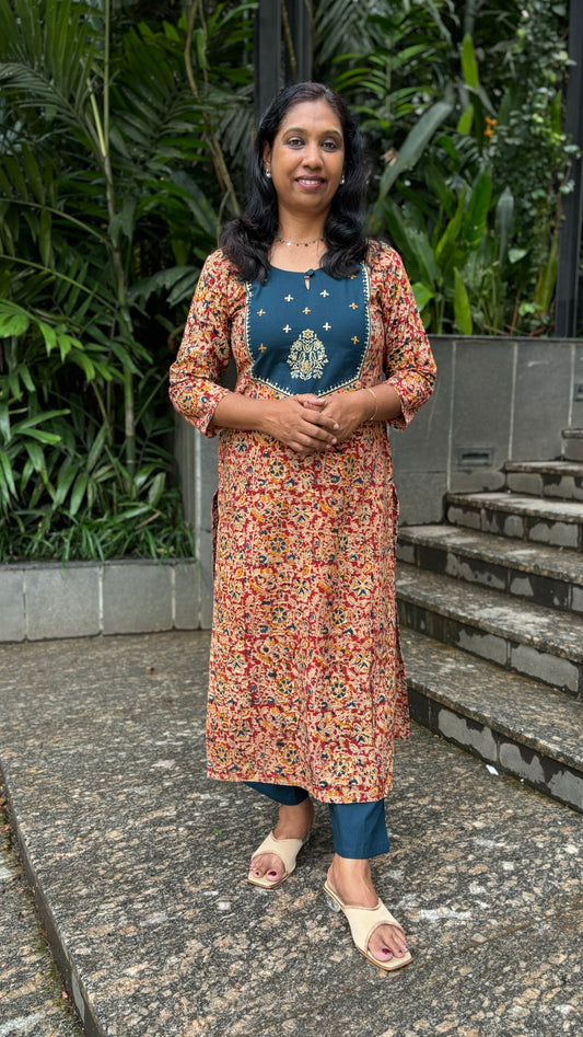 Teal Blue & Maroon Kalamkari Slitted Cord Set with Lazy Daisy & Kantha Work | MA-2070
