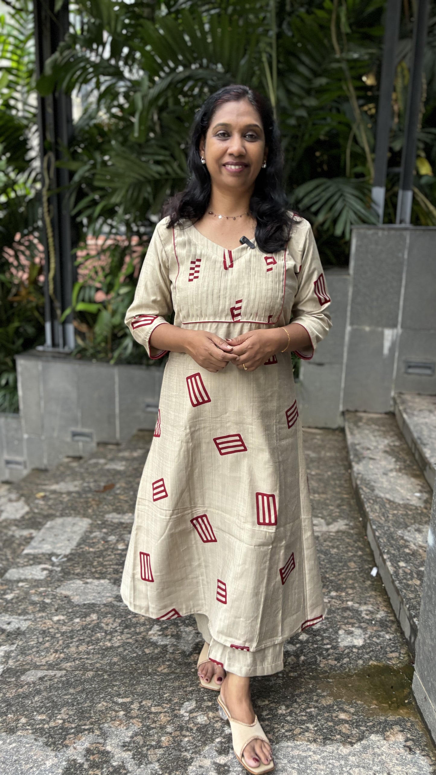 Ivory Vattican Silk A-Line Cord Set with Maroon Prints, Pintuck , Pockets & Piping Detail | V-Neck | MA-2069