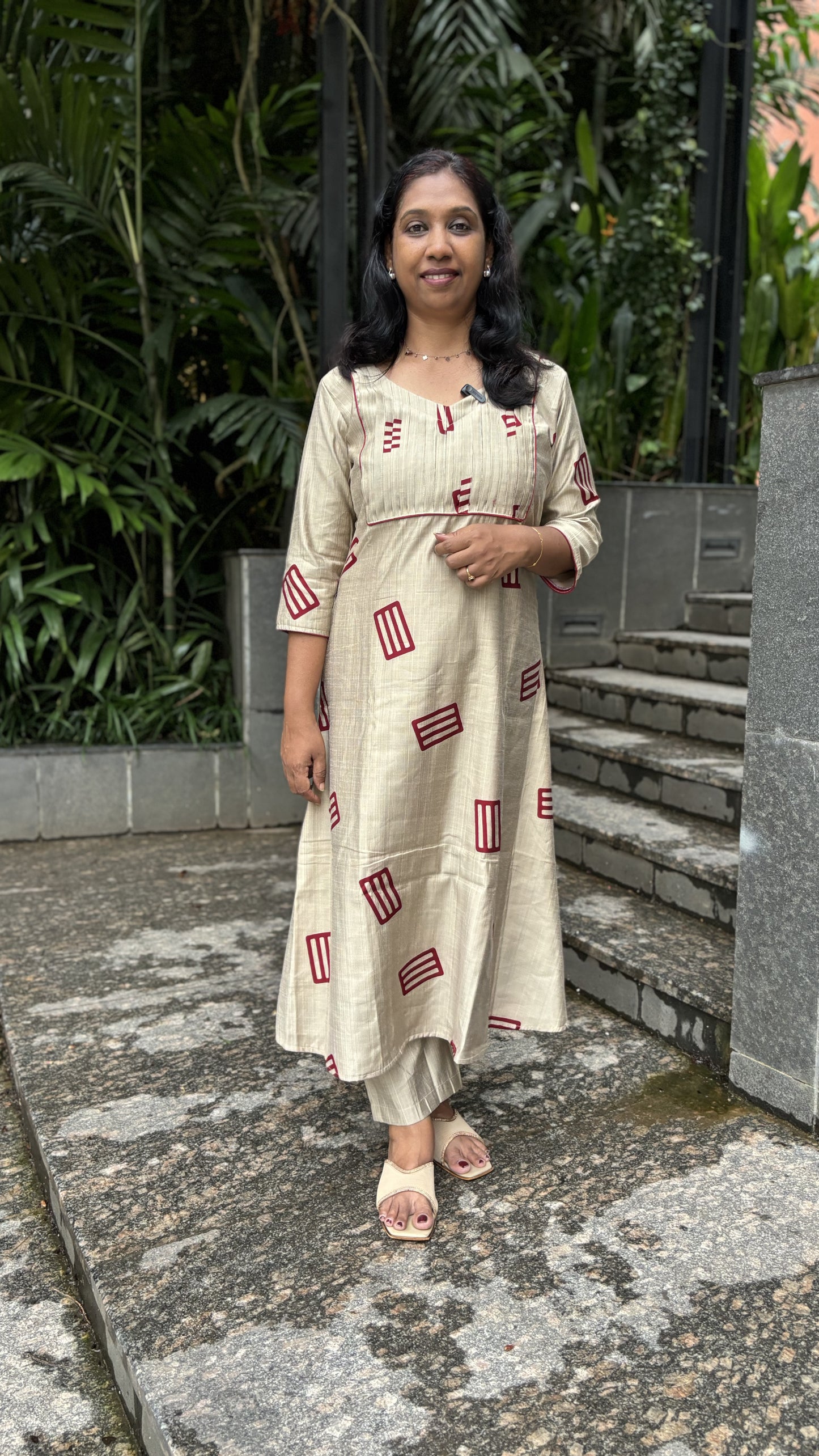 Ivory Vattican Silk A-Line Cord Set with Maroon Prints, Pintuck , Pockets & Piping Detail | V-Neck | MA-2069