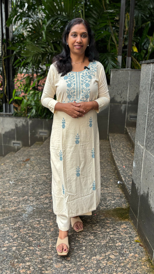 Cream Chikankari Slitted Cord Set with Powder Blue Embroidery ,Lace Detail & Pockets | MA-2068