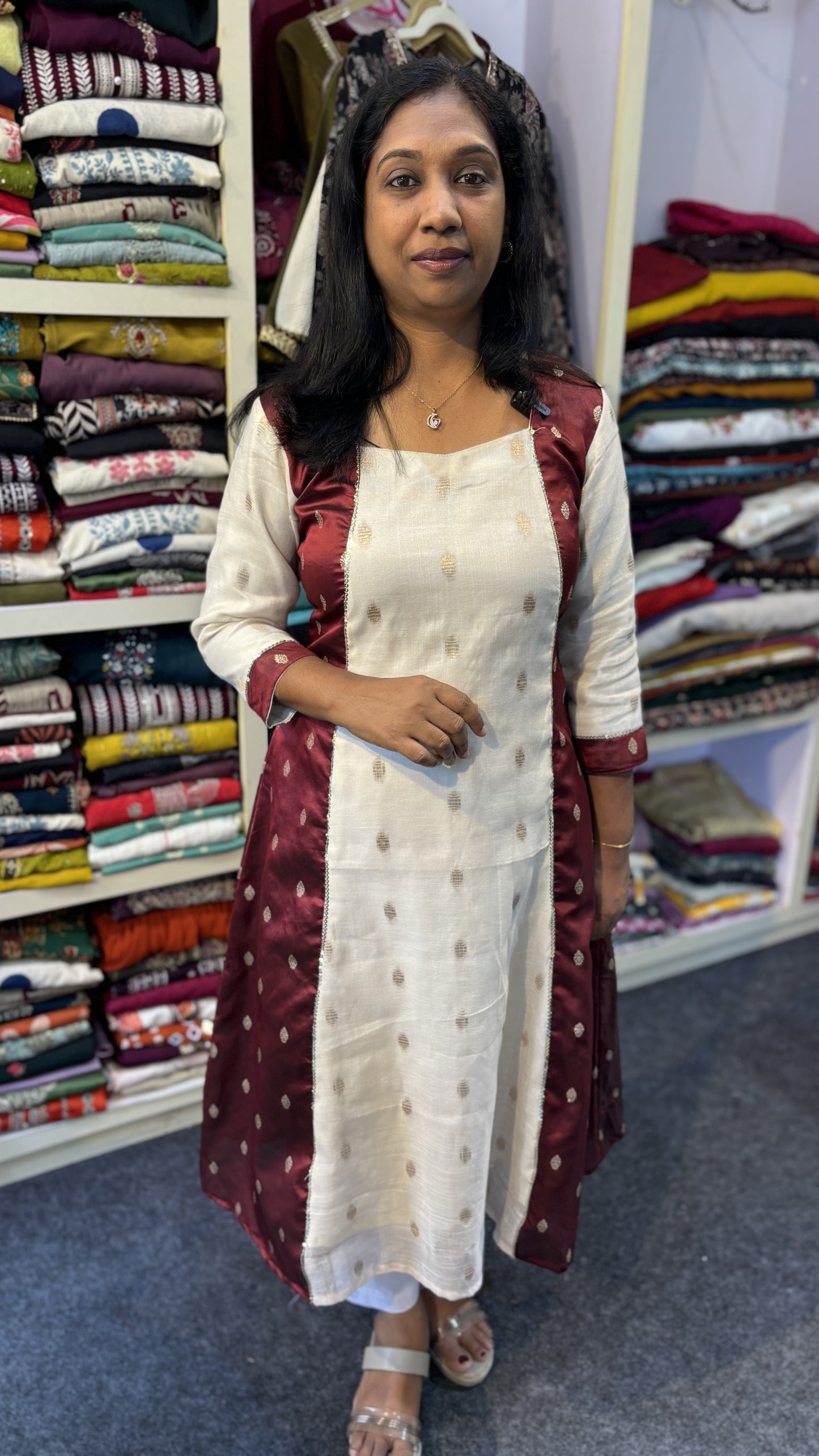 Maanvi Ivory & Maroon Cotton Silk A-Line Kurti with Bhutta & Sequin Work | Wide Neck | MA-2076