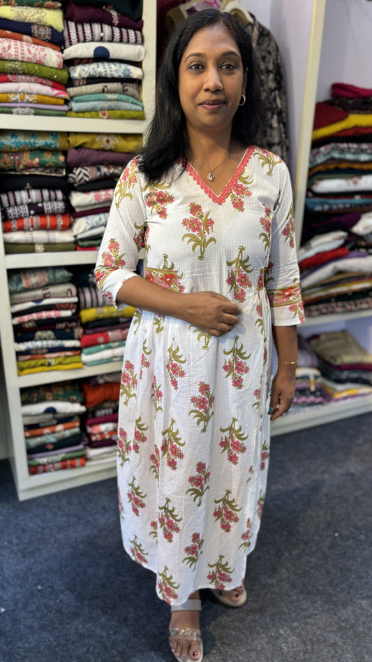 Maanvi White Pure Cotton A-Line Kurti with Lace Work, Pleats & Pockets | V-Neck | MA-2082