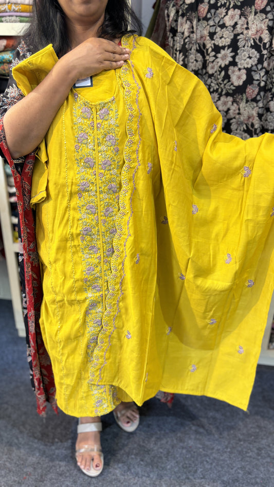 Maanvi Mustard Yellow 3-Piece Set with Embroidery, Lace & Scallop Dupatta | Bhutta Work | MA-2086