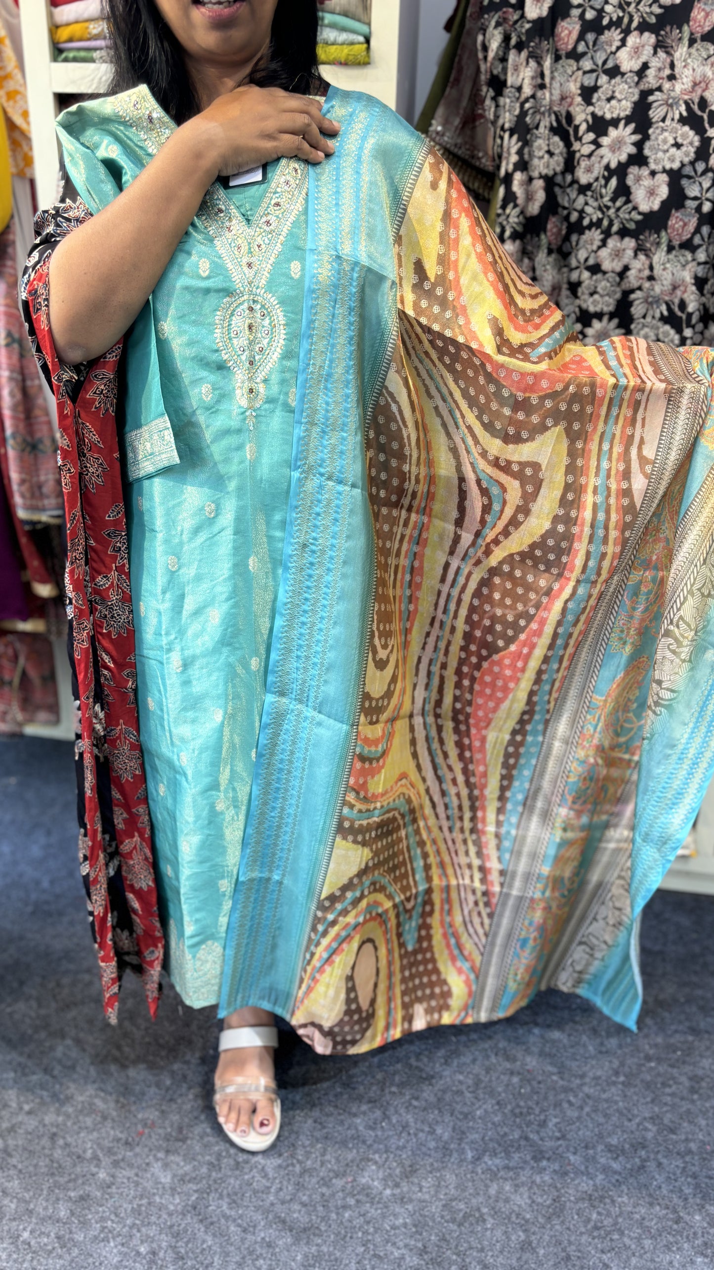 Maanvi Aqua Blue 3-Piece Set with Banarasi Weaving, Neck Work & Bhutta Detail | V-Neck | MA-2084