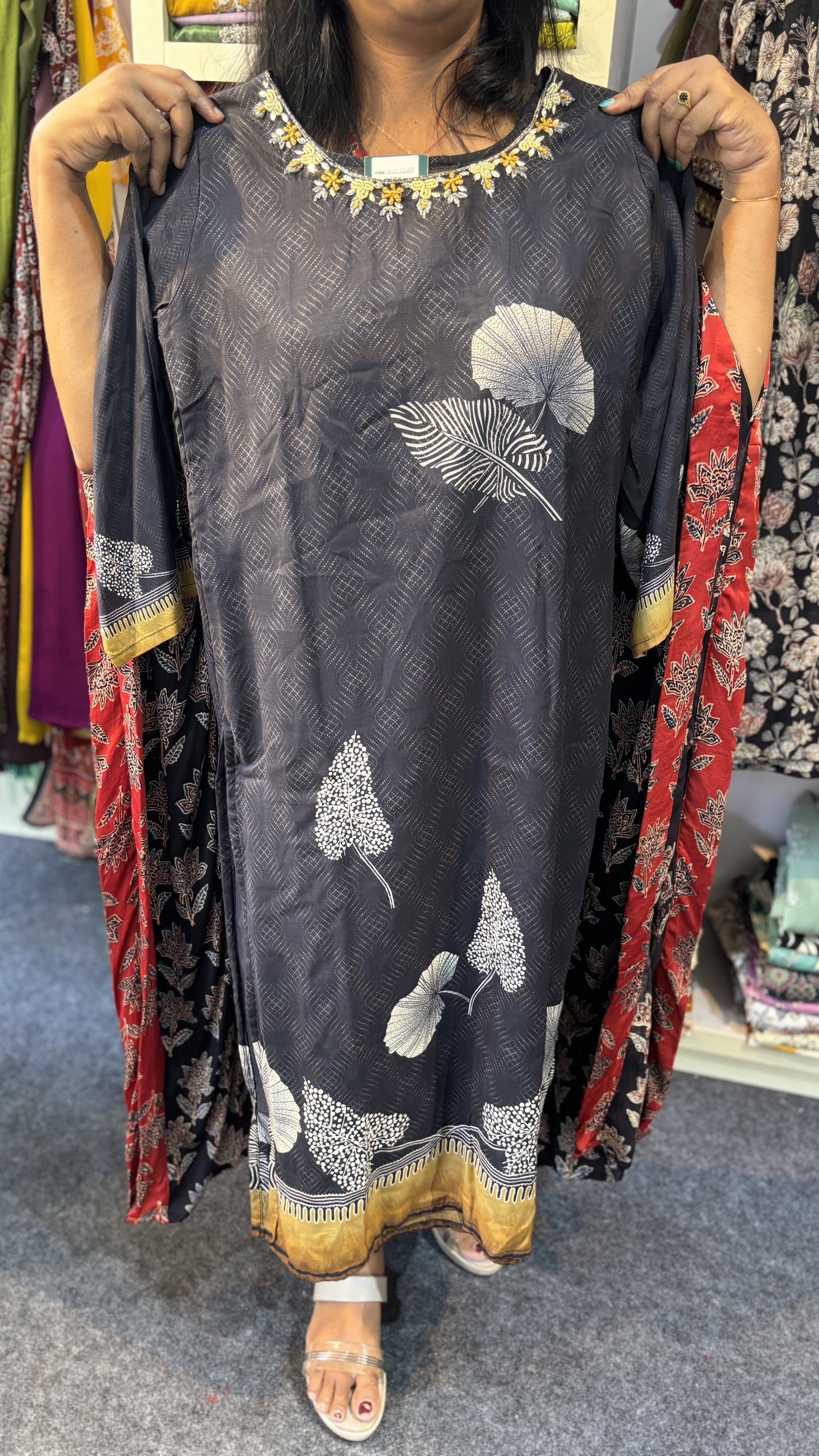 Maanvi Black Silk Slitted 3-Piece Set with Neck Work & Printed Body | MA-2083