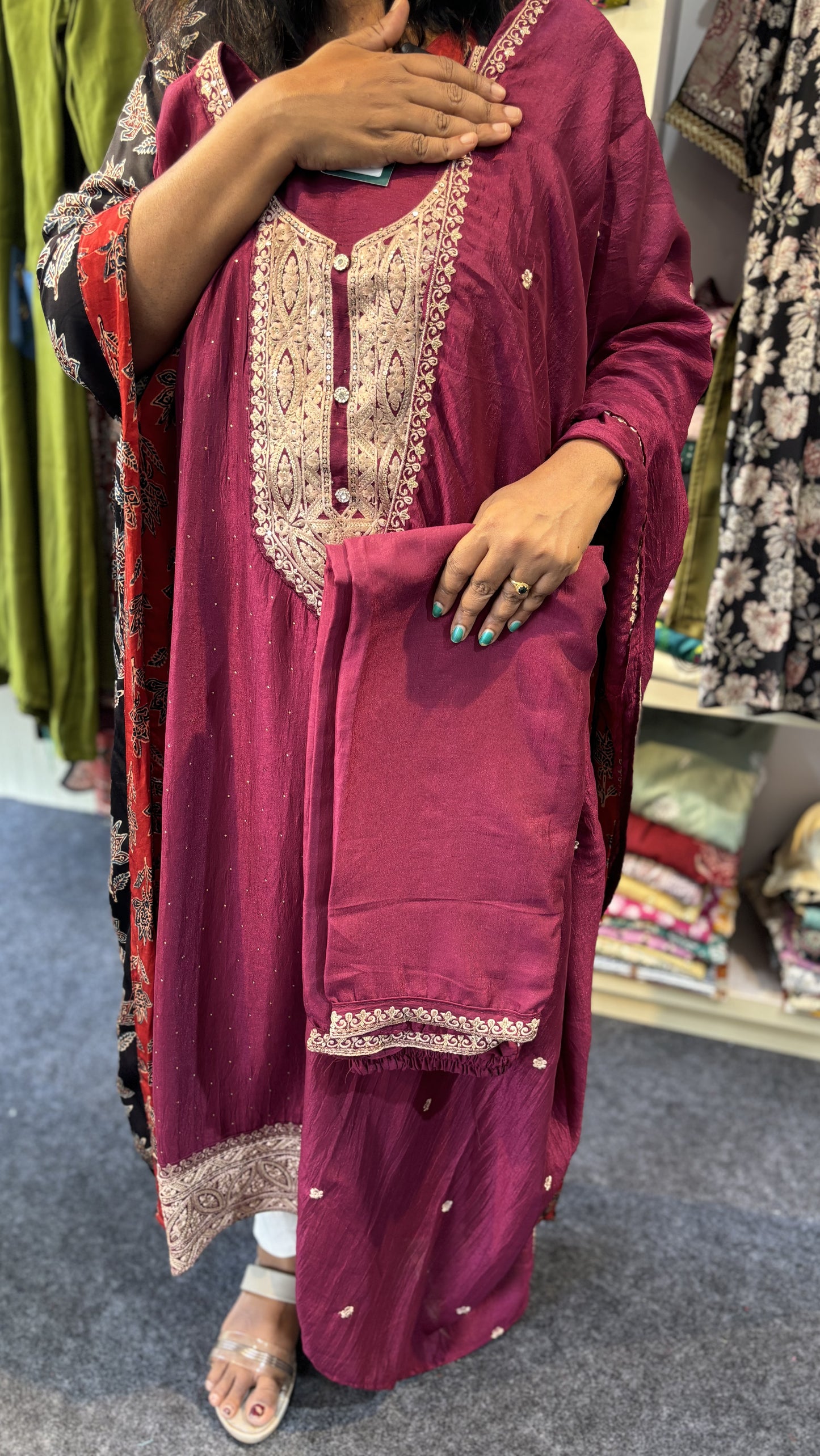 Maanvi Maroon Vichitra Silk Slitted 3-Piece Set with Front Work & Lace Dupatta | MA-2096