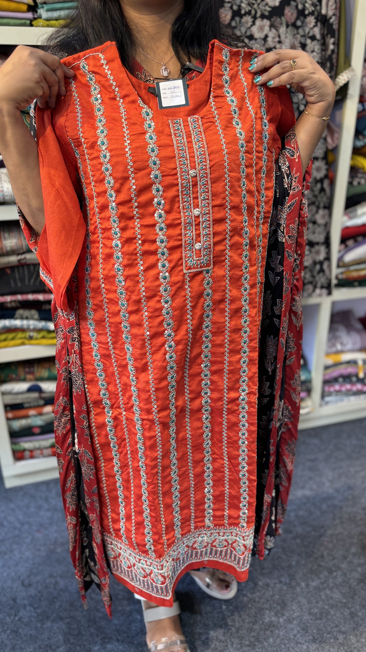 Maanvi Brick Orange Slitted 3-Piece Set with Heavy Work & Double-Shade Dupatta | MA-2098