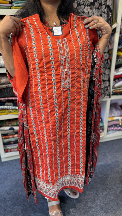 Maanvi Brick Orange Slitted 3-Piece Set with Heavy Work & Double-Shade Dupatta | MA-2098
