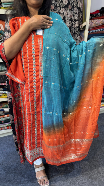 Maanvi Brick Orange Slitted 3-Piece Set with Heavy Work & Double-Shade Dupatta | MA-2098