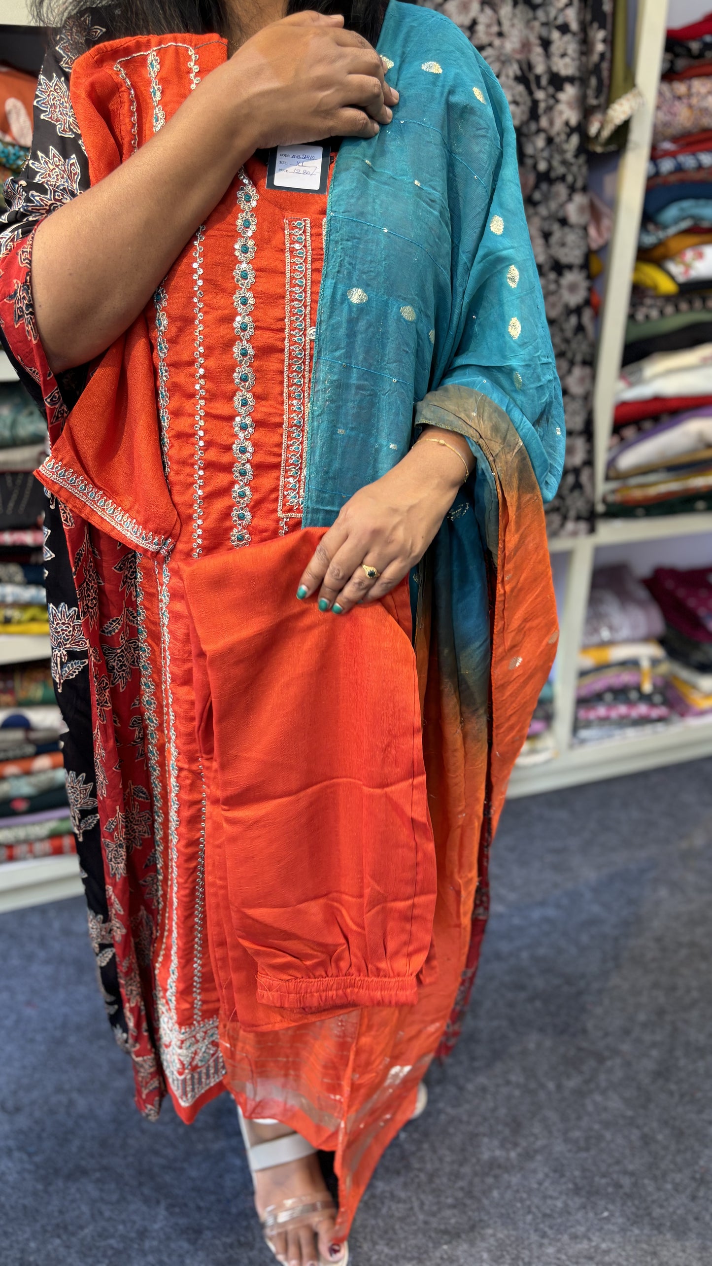 Maanvi Brick Orange Slitted 3-Piece Set with Heavy Work & Double-Shade Dupatta | MA-2098