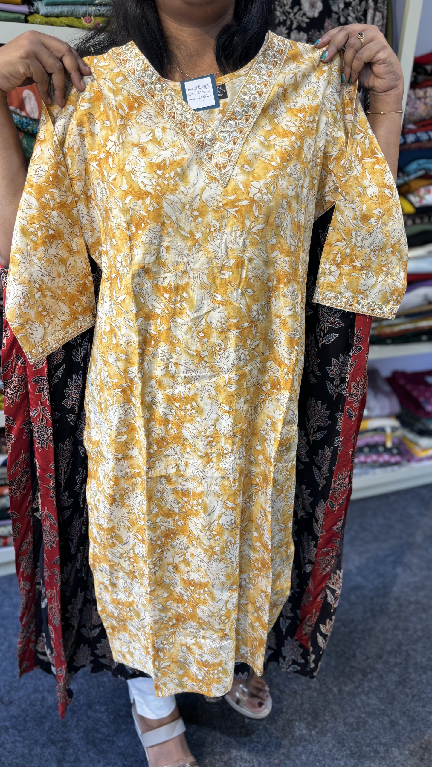 Maanvi Yellow Muslin Silk Slitted V-Neck 3-Piece Set with Double-Shade Dupatta & Printed Pant | MA-2097