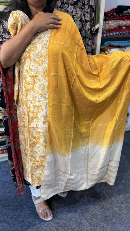 Maanvi Yellow Muslin Silk Slitted V-Neck 3-Piece Set with Double-Shade Dupatta & Printed Pant | MA-2097