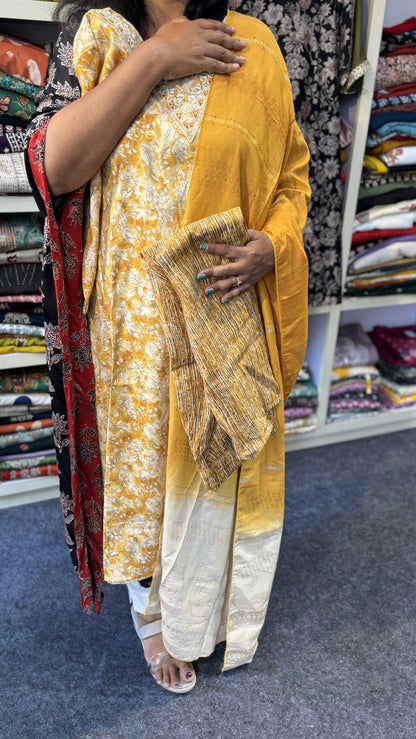 Maanvi Yellow Muslin Silk Slitted V-Neck 3-Piece Set with Double-Shade Dupatta & Printed Pant | MA-2097