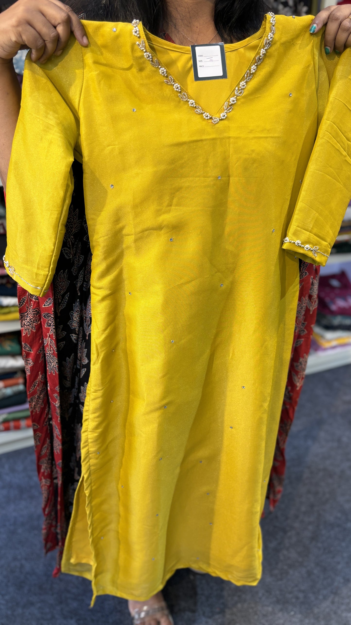 Maanvi Mustard Yellow Soft Tissue Slitted 3-Piece Set with Hand Work & Stone Detailing | V-Neck | MA-2099