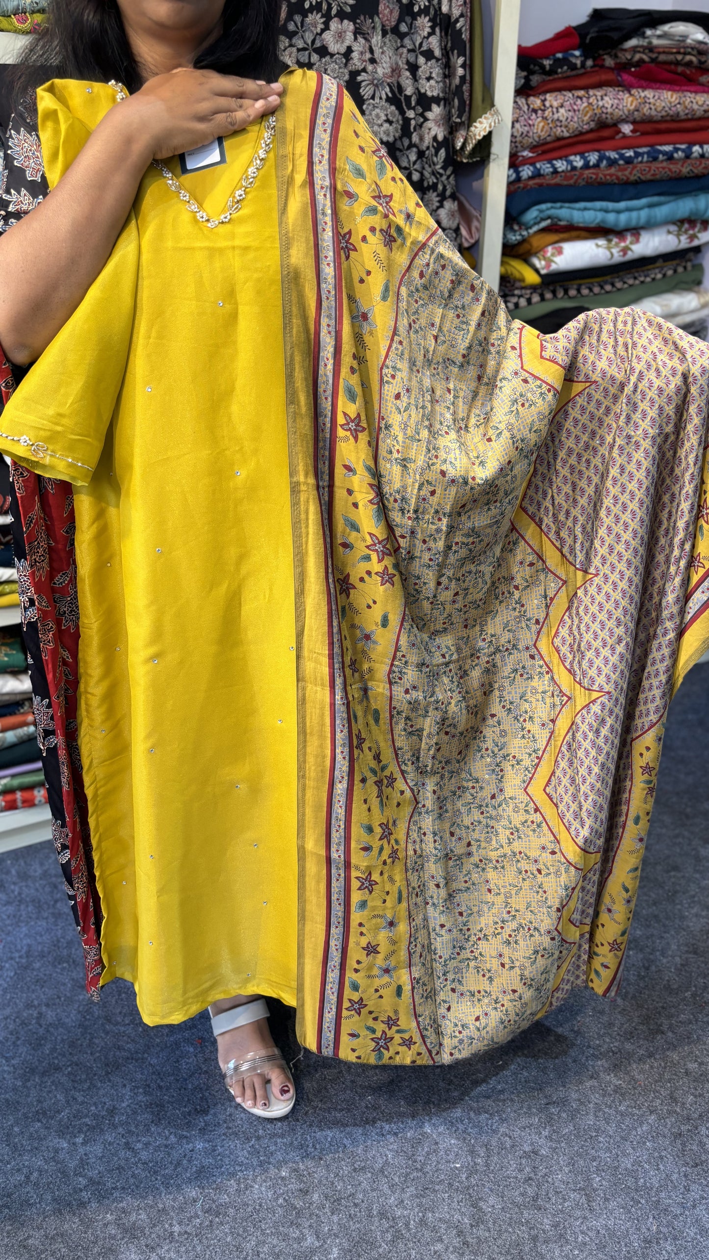 Maanvi Mustard Yellow Soft Tissue Slitted 3-Piece Set with Hand Work & Stone Detailing | V-Neck | MA-2099