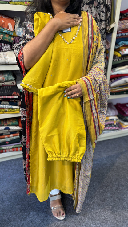 Maanvi Mustard Yellow Soft Tissue Slitted 3-Piece Set with Hand Work & Stone Detailing | V-Neck | MA-2099