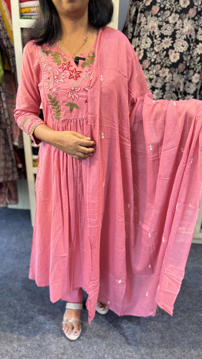 Maanvi Mauve Pure Cotton Kurti Set with Embroidery, Lace & Buta Dupatta | Semi Palazzo | MA-2092