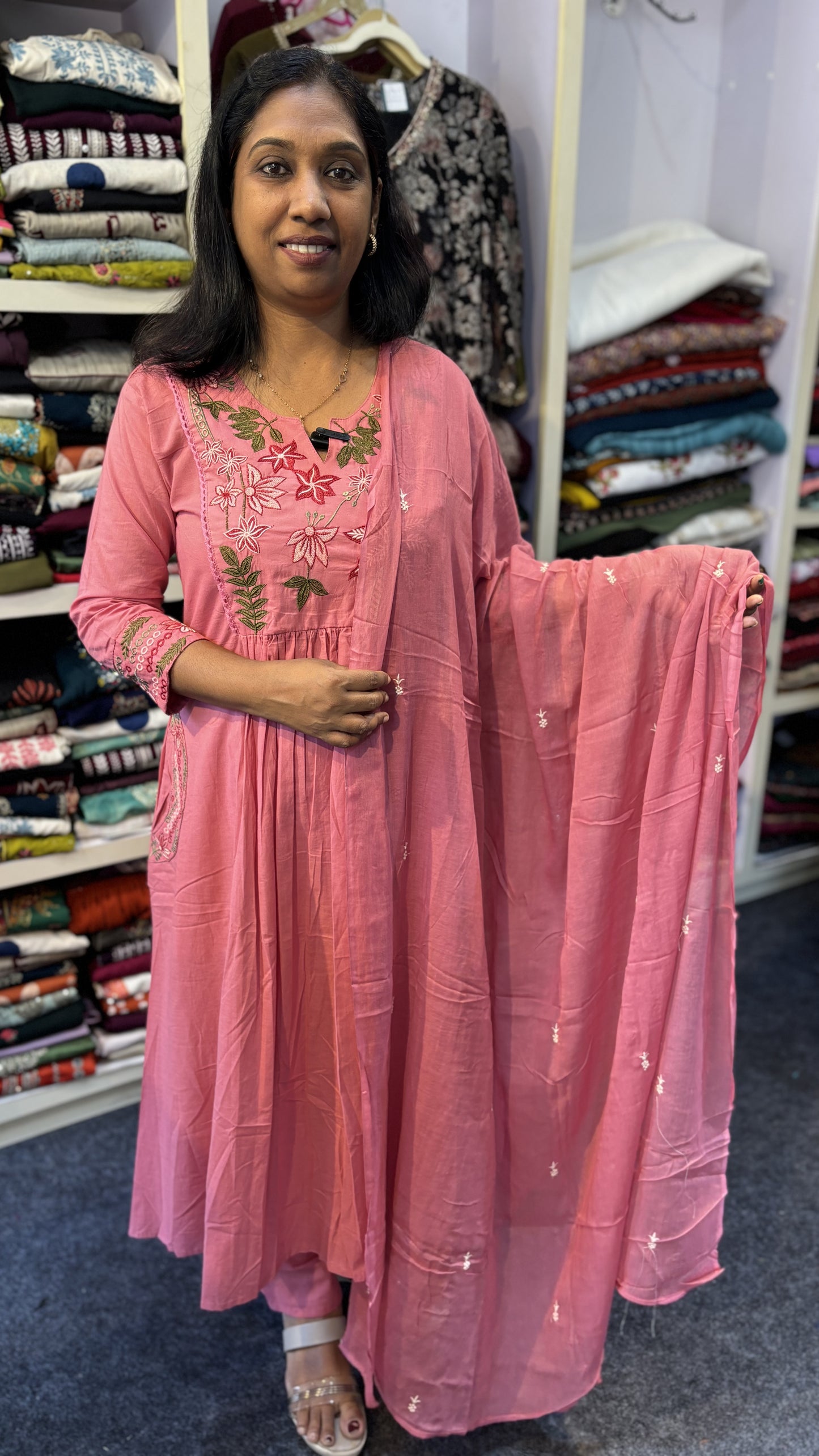 Maanvi Mauve Pure Cotton Kurti Set with Embroidery, Lace & Buta Dupatta | Semi Palazzo | MA-2092