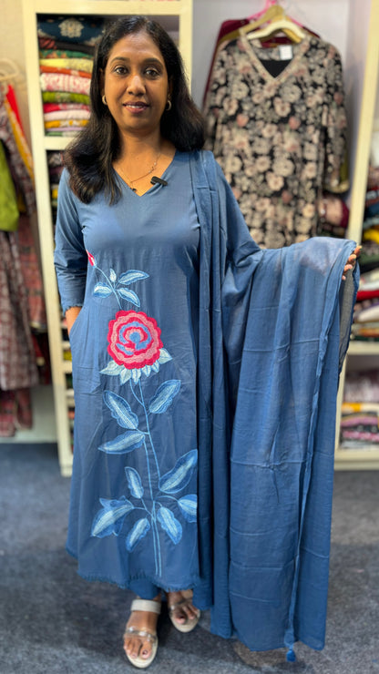 Maanvi Pale Blue Cotton A-Line 3-Piece Set with Embroidery, Lace & Pockets | Straight Cut Pant | MA-2095