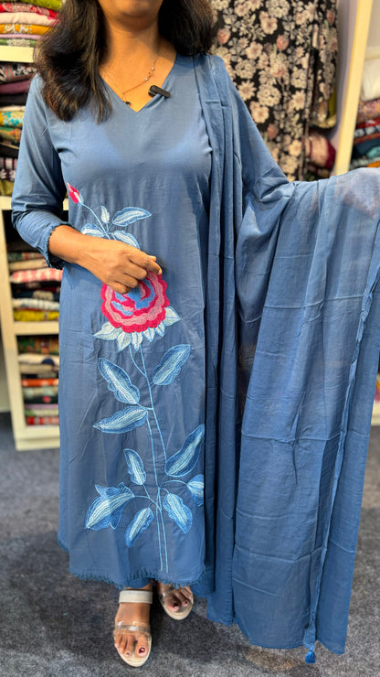 Maanvi Pale Blue Cotton A-Line 3-Piece Set with Embroidery, Lace & Pockets | Straight Cut Pant | MA-2095