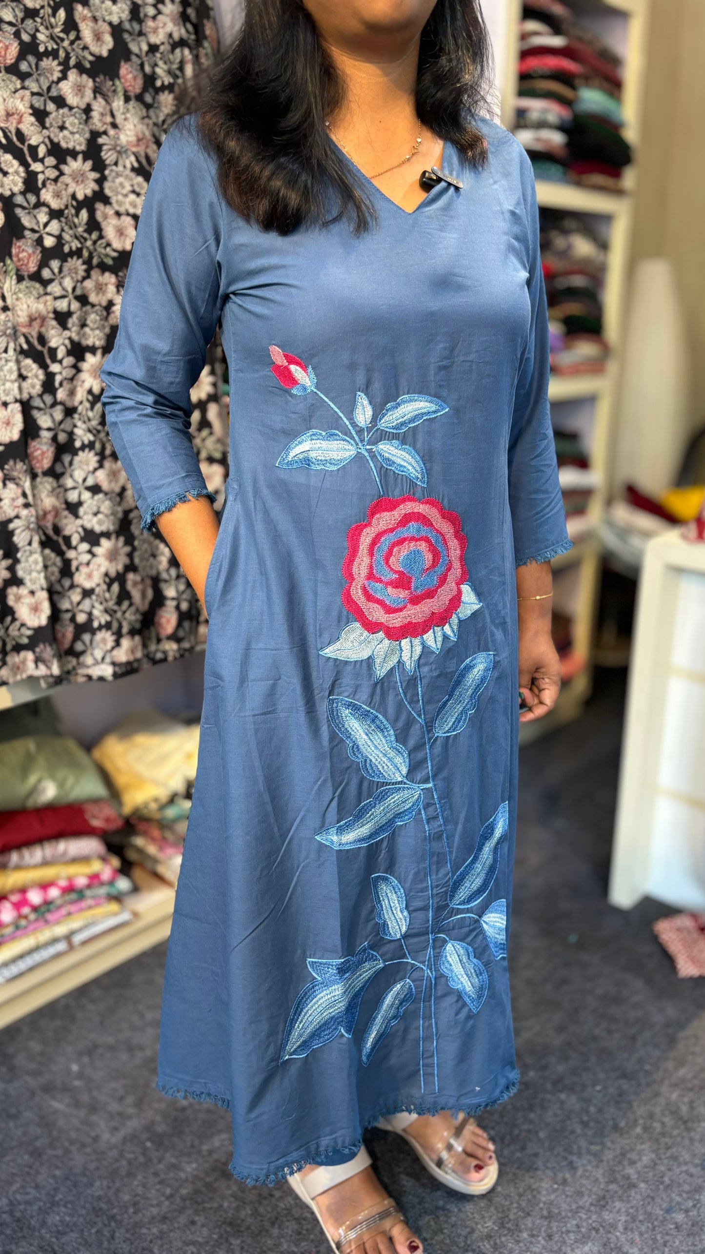 Maanvi Pale Blue Cotton A-Line 3-Piece Set with Embroidery, Lace & Pockets | Straight Cut Pant | MA-2095