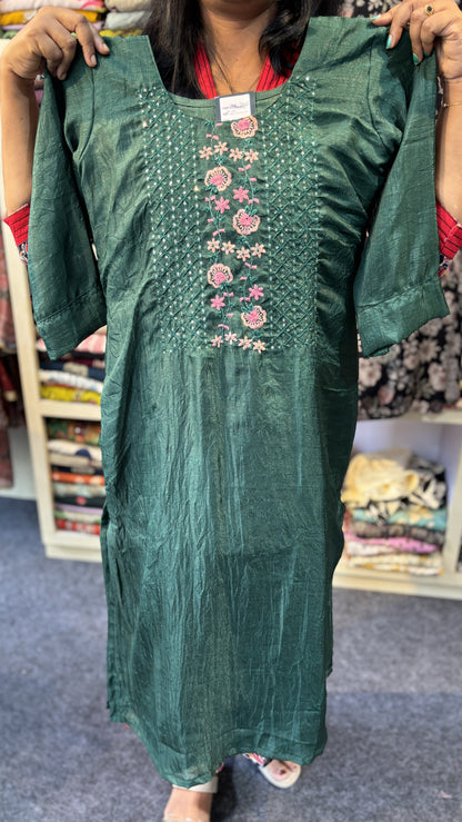 Maanvi Bottle Green Vichitra Silk Slitted 3-Piece Set with Front Work & Scallop Dupatta | MA-2094