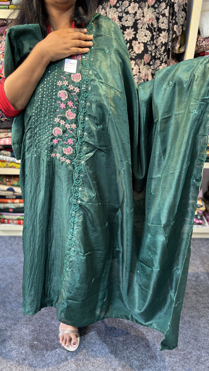 Maanvi Bottle Green Vichitra Silk Slitted 3-Piece Set with Front Work & Scallop Dupatta | MA-2094