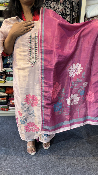 Maanvi Light Onion Pink Tissue Silk 3-Piece Set with Front & Hem Work | Printed Dupatta | MA-2093