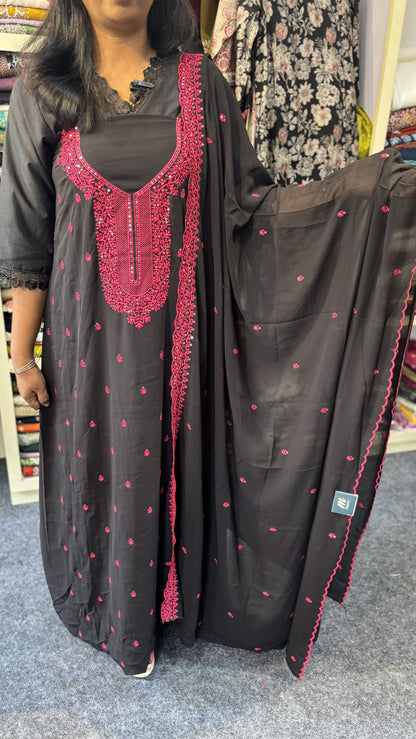 Maanvi Black & Pink Georgette Unstitched Salwar Suit with Heavy Neck Work, Sequin & Buta Work | Scallop Dupatta | MA-2100